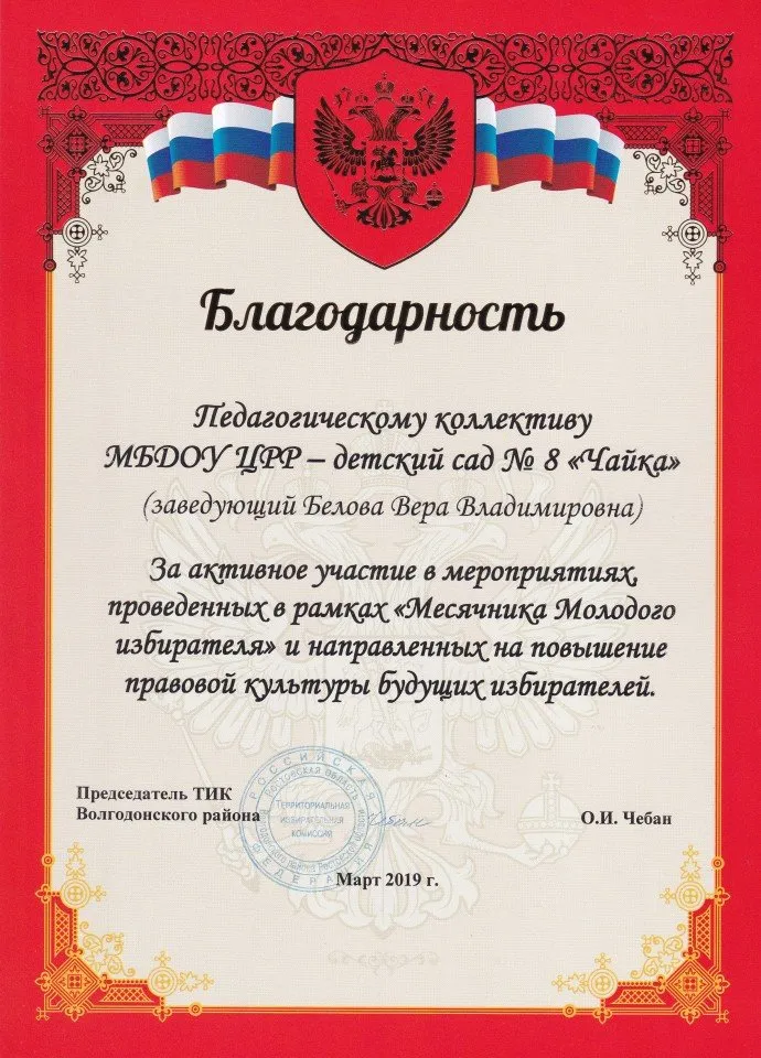 За участие в мероприятиях " Месячник молодого избирателя"